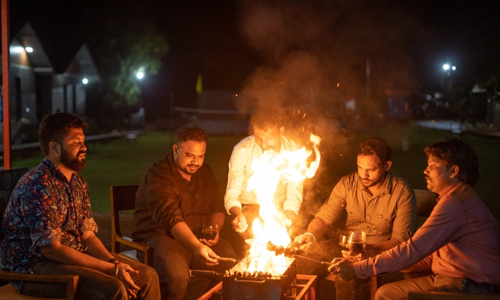 Night Bonfire Gathering with Fire Setup